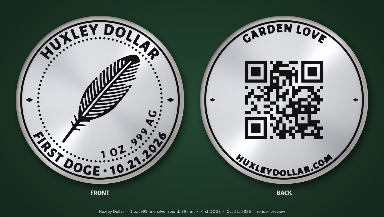 Front and back of the silver First DOGE coin: a feather and a QR code